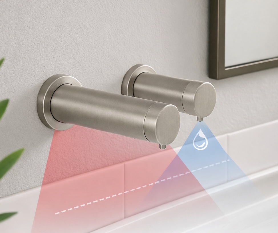 Touchless soap dispenser placement guidance at a lavatory deck